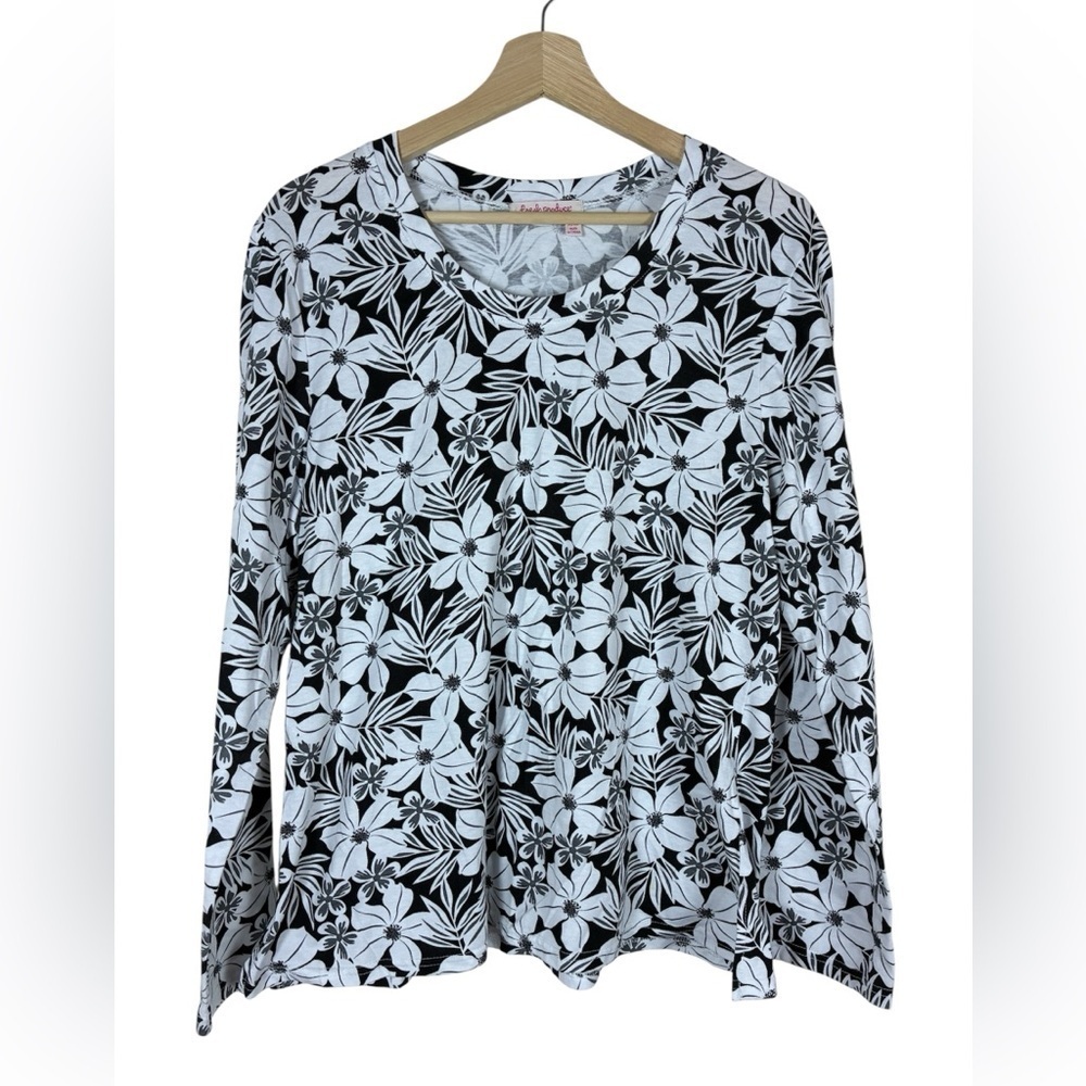 Fresh Produce Top XXL Black White Floral 100% Long Sleeve Casual Office
